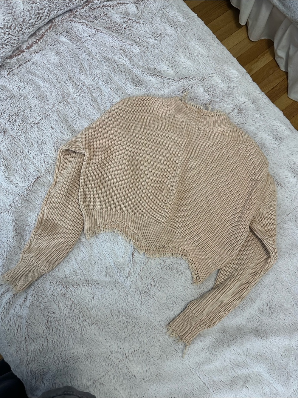 Dance & Marvel Distressed Cropped Knit Sweater - Beige